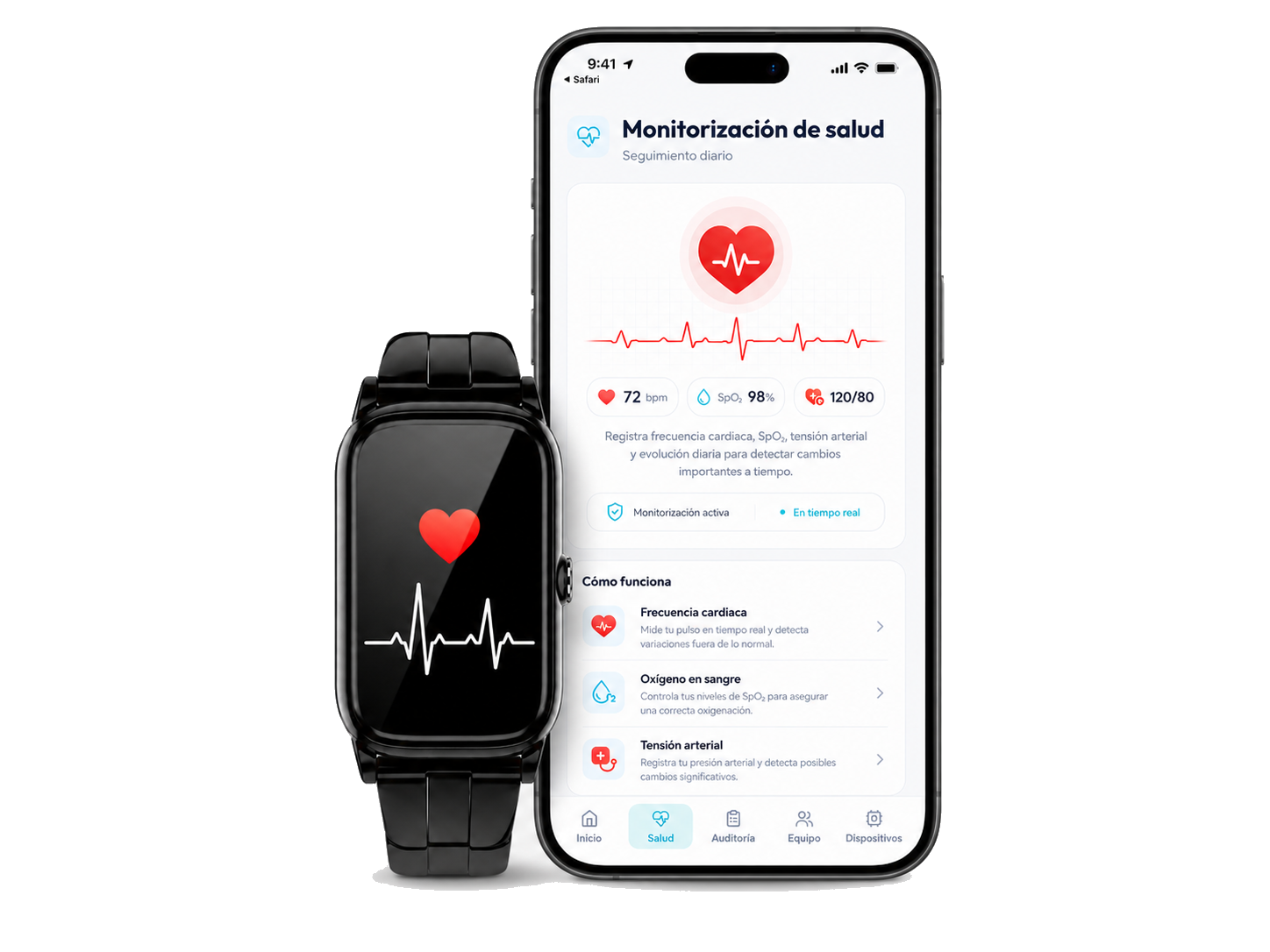 Monitorización de salud CareBridge en reloj y app
