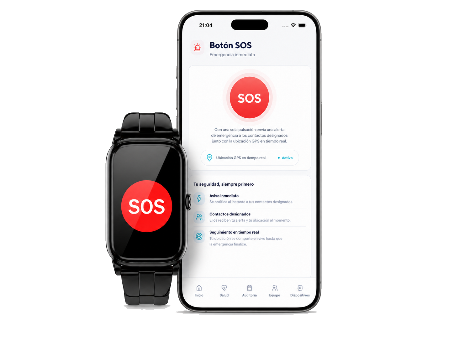 Botón SOS CareBridge en reloj y app